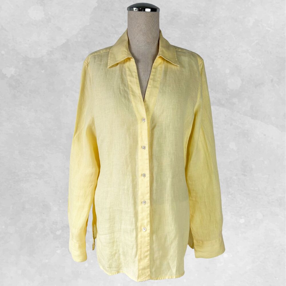 Irish Linen V Neck Long Sleeve Blouse Women's 14 Yellow Collared Talbots